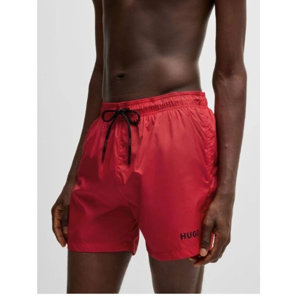 NWT HUGO Red Contrast Logo Lined Swim Shorts with Black Drawstring in L